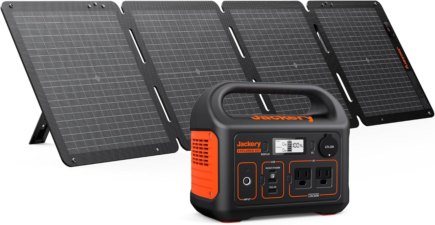 Jackery Solar Generator 300, 293Wh Backup Lithium Battery with 1XSolar Panel SolarSaga 100W Air, 110V/300W Pure Sine Wave AC Outlet for RV Outdoors Camping Travel Blackout