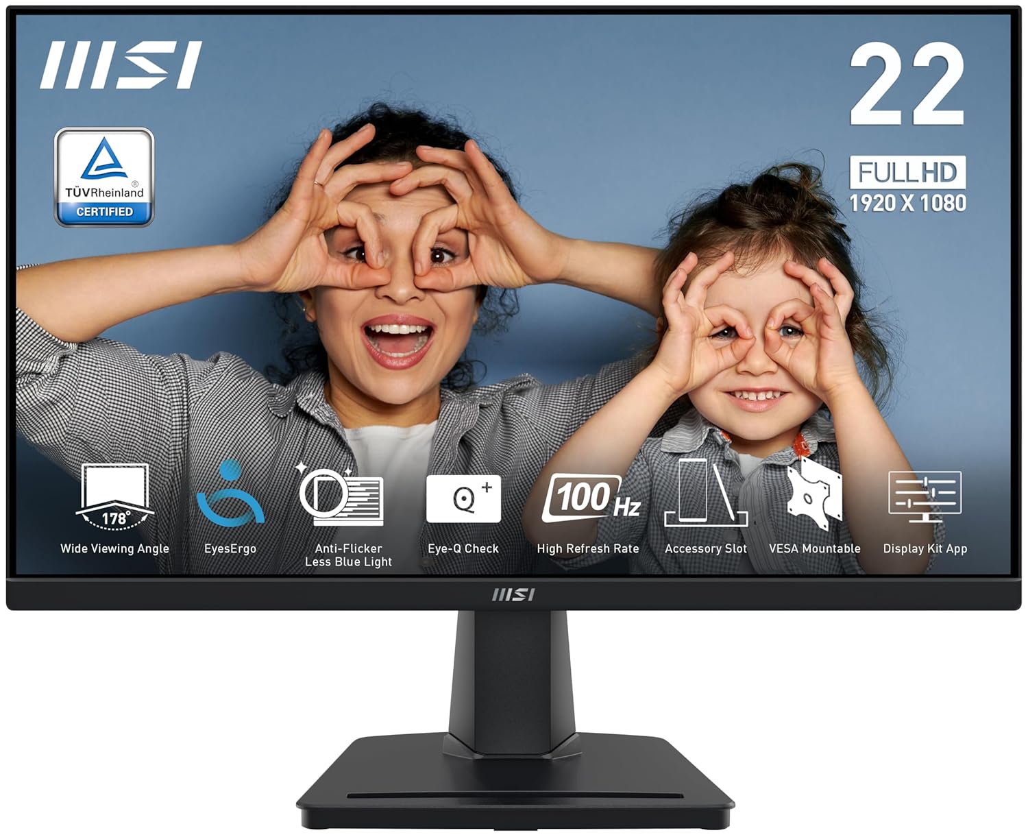 MSI PRO MP225V, 22-inch, 1920 x 1080 (FHD) Computer Monitor, 100Hz, Adaptive-Synch, HDMI, Video Port, Low Blue Light, Eye-Q Check, VESA Mountable, Tilt, 1ms, Black