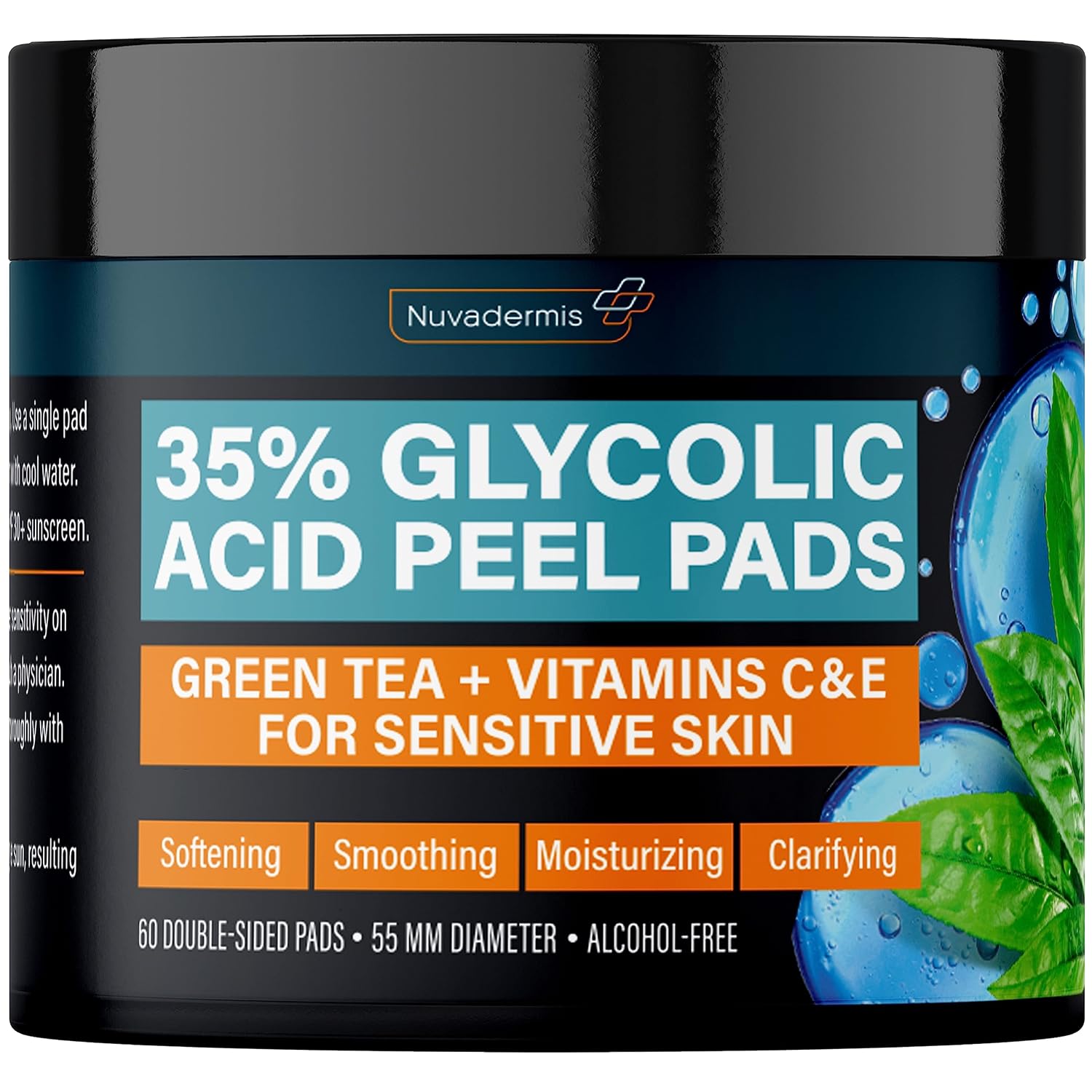 NUVADERMIS 35% Glycolic Acid Peel Pads – Exfoliating Facial Resurfacing for Blackheads, Dark Spots, and Acne – Safe for Sensitive Skin – 60 Double-Sided Pads