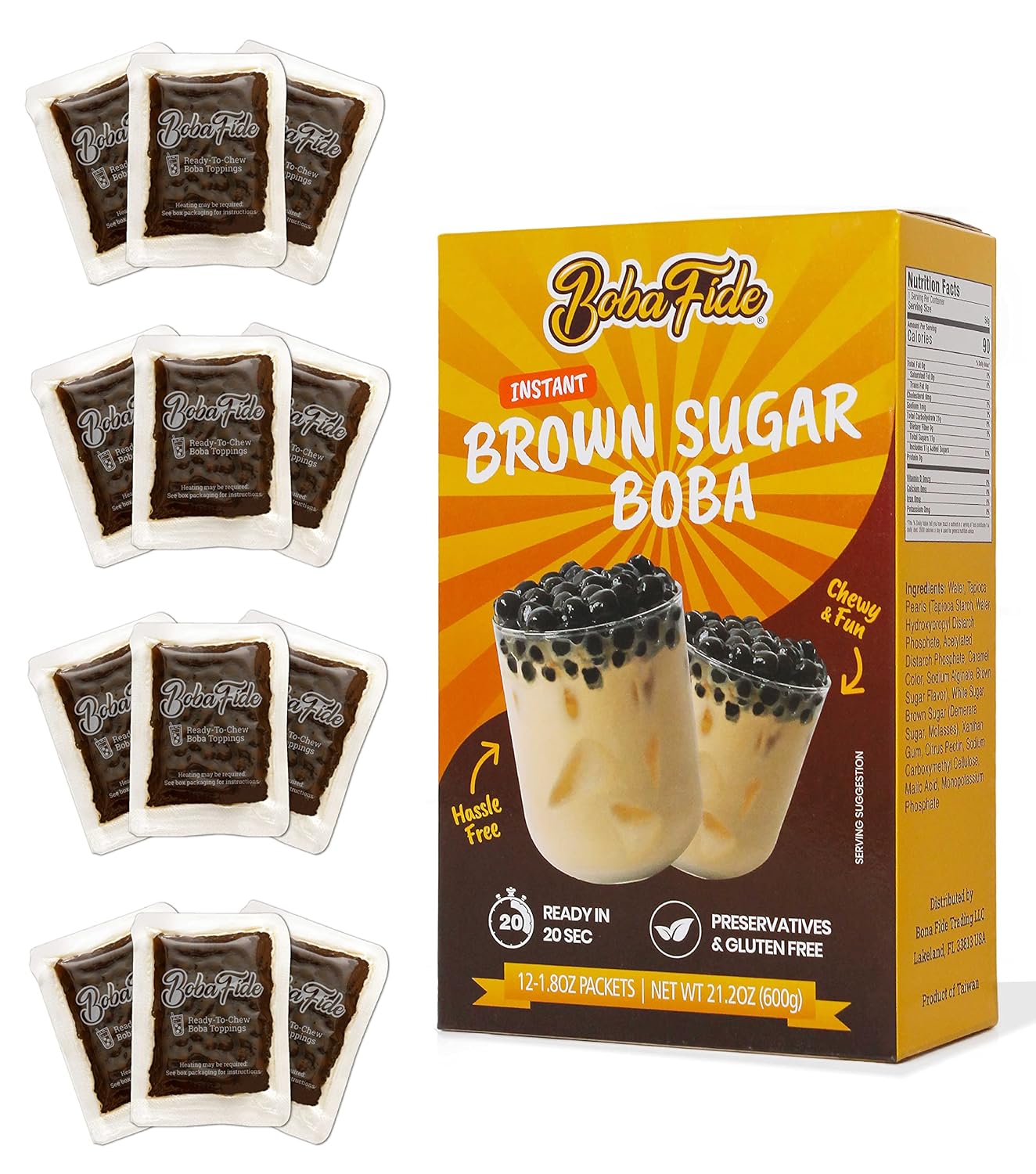 BOBA FIDE Instant Brown Sugar Boba Tapioca Pearls, 12 Packets of Microwavable Black Tapioca Pearls for Boba Bubble Tea, Ready in 25 Seconds, No Corn Syrup, Preservatives & Gluten Free, Vegan