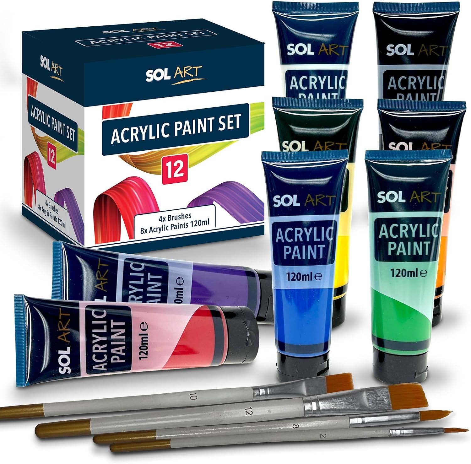 SOL 12pc Acrylic Paint Set - Large Tube Water Based Acrylic Paints | Multi Surface Art Paint for Canvas, Rock, Ceramic & Wood - Kids Acrylic Paint Set, Fast Drying, 8 x 120ml Tubes & 4 Brushes