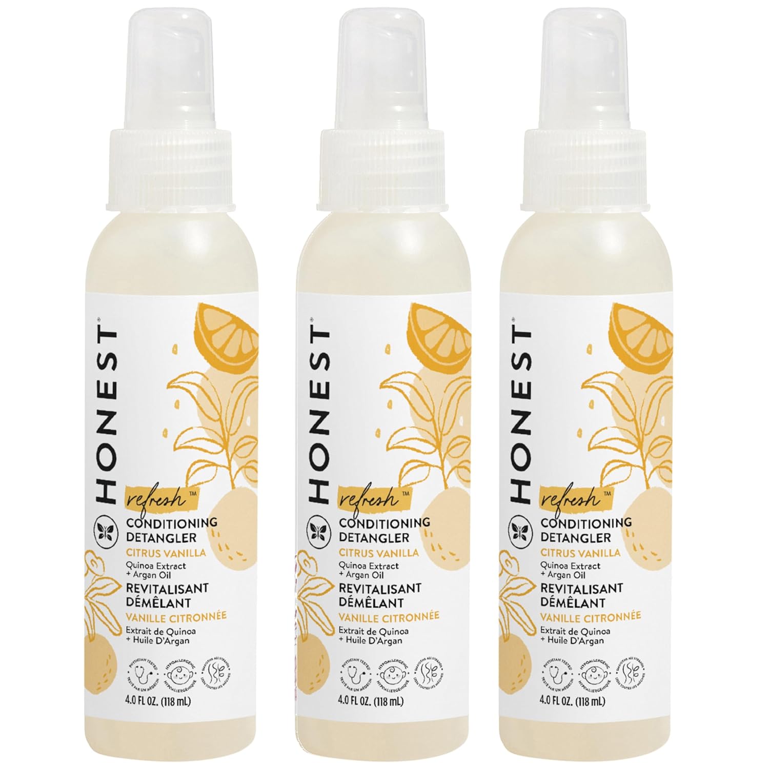 The Honest Company Conditioning Hair Detangler 3-Pack | Leave-in Conditioner + Fortifying Spray | Tear-free, Cruelty-Free, Hypoallergenic | Citrus Vanilla Refresh, 4 fl oz each (pack of 3)