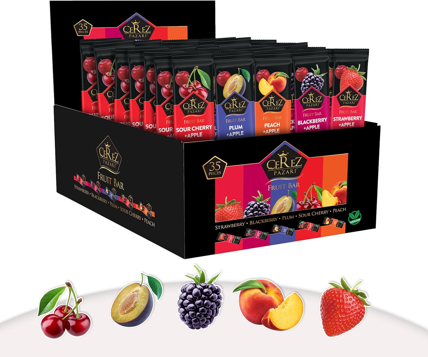 Cerez Pazari Dried Fruit Roll Ups, 25g x 35 pack Snacks Variety Pack for Kids, Healthy Fruit Snacks Bulk, Vegan Real Fruit Bars, Snacks with Strawberry, Blackberry, Plum, Sour Cherry and Peach