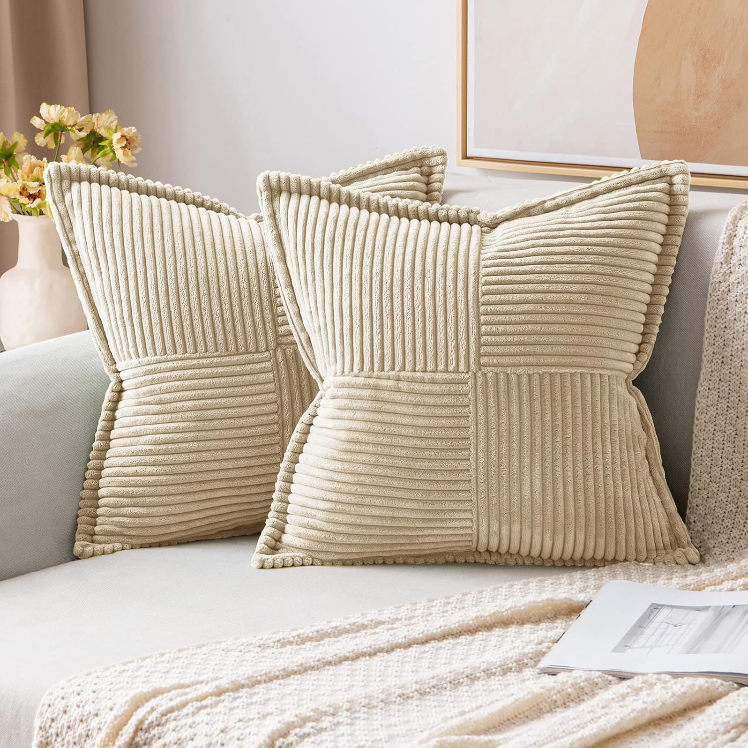 MIULEE Corduroy Cushion Covers Pack of 2 Decorative Modern Patchwork Throw Pillow Covers Soft Pillowcase Cushions for Home Spring decor Sofa Couch with Invisible Zipper 20x20 Inch Beige
