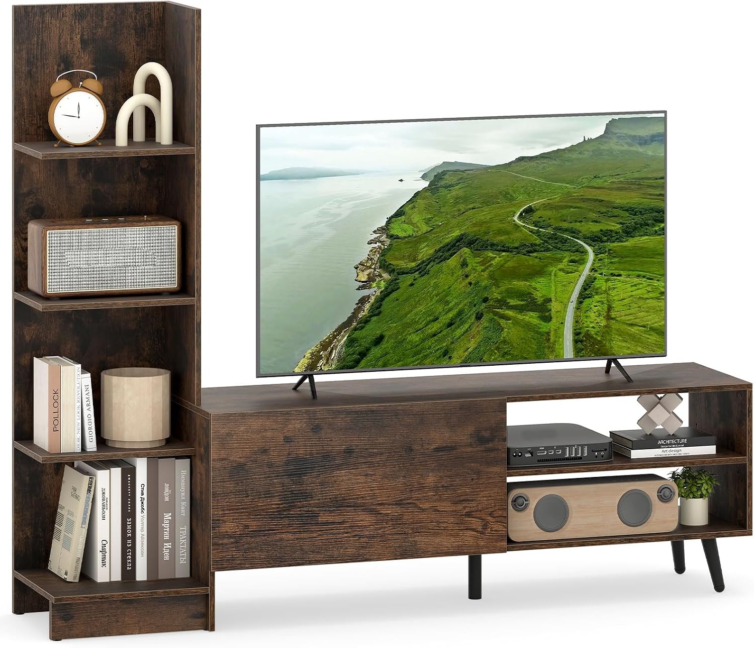 COSTWAY TV Stand Cabinet for 50 Inch TVs, Wooden Media Entertainment Center with Bookshelf, Adjustable Shelf and Door, 140cm TV Unit Media Console Table for Living Room Bedroom (Rustic Brown)