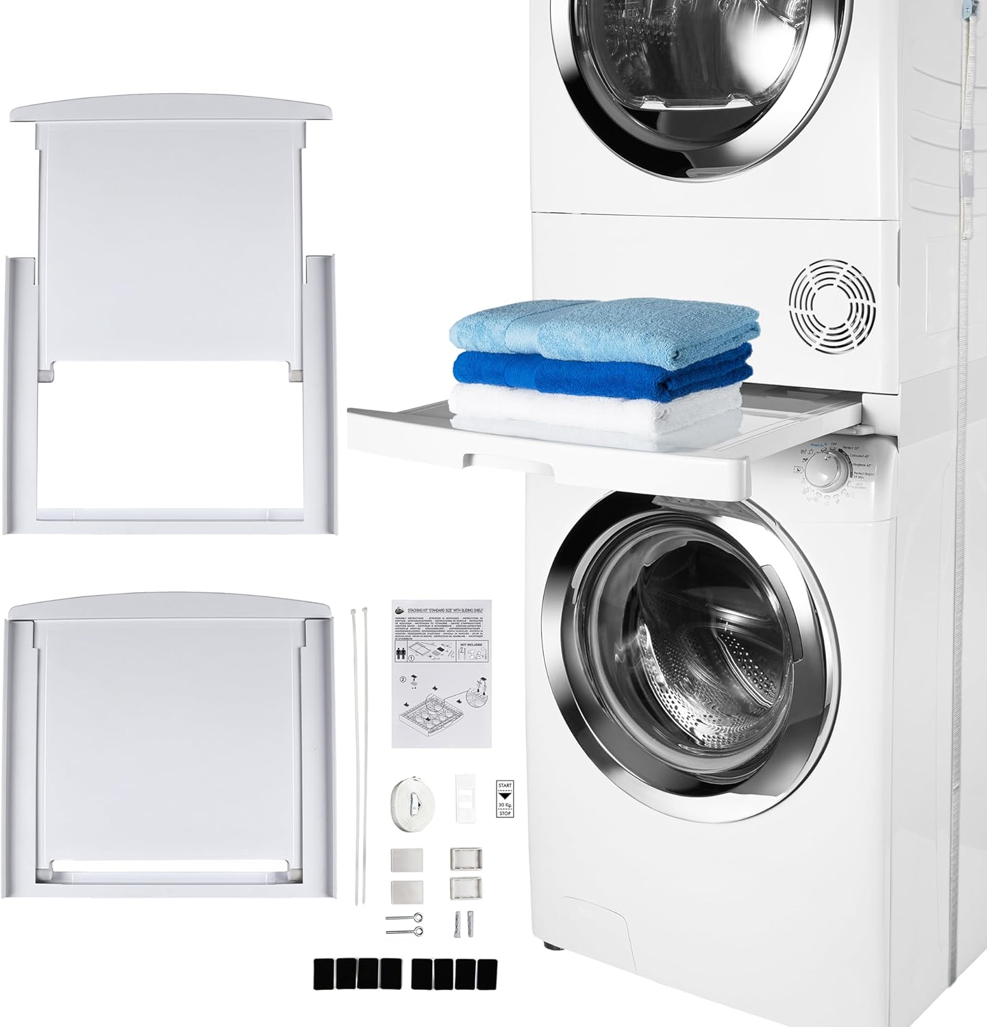Care+Protect Universal Stacking Kit with Sliding Shelf for Washing Machines and Tumble Dryers-Suitable for Washing Machines with Depth 47-62cm-Space-Saving - Easy to Install-White - Rounded Top