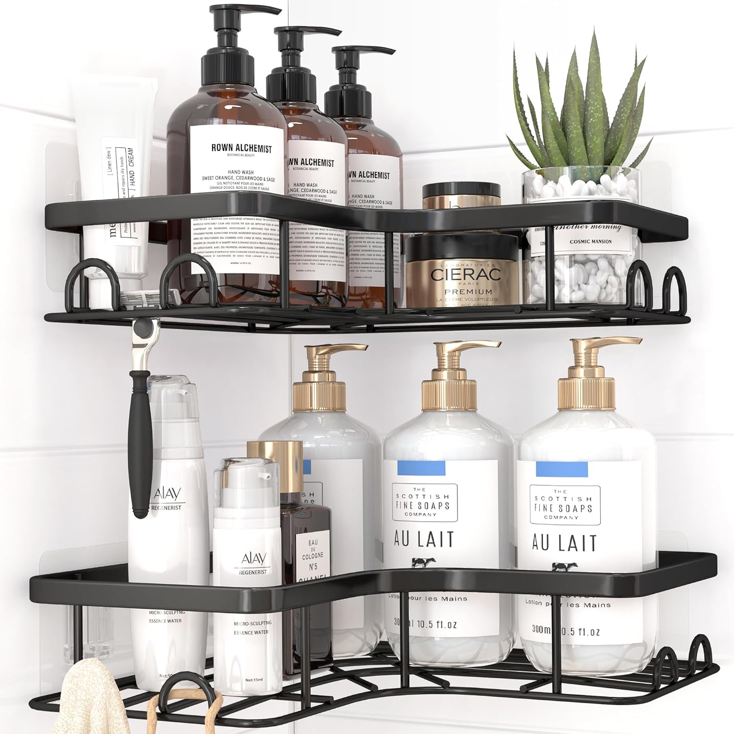 Kitsure Corner Shower Caddy - 2 Pack Rustproof Shower Organizer with Large Capacity, Drill-Free Adhesive Bathroom Shelves with Hooks, Black