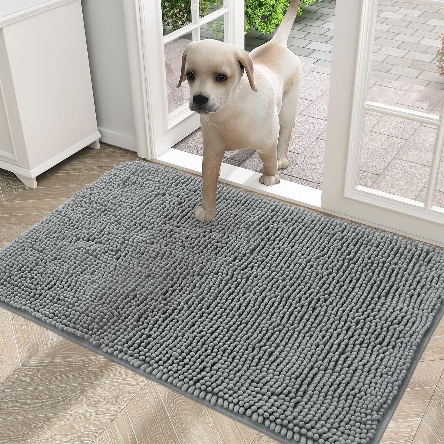 smiry Muddy Mat, Super Absorbent Chenille Dog Door Mat, Washable Non Slip Door Matts Indoor, Soft Microfiber Pet Rug and Bath Mat for Entrance Kitchen Muddy Shoes & Paws - Grey, 60 x 90 cm