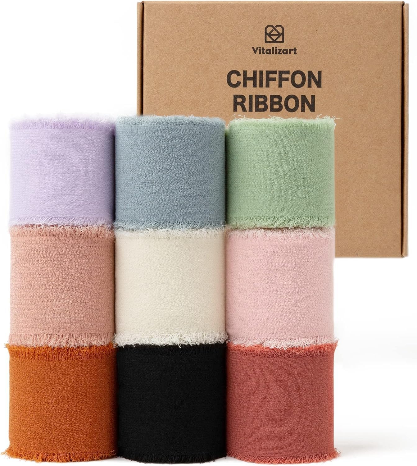 Vitalizart 9 Rolls 1.5" x 45 Yd Assorted Mixed Handmade Chiffon Silk Ribbon Fringe Frayed Edges Ribbons for Wedding Invitations Bridal Bouquets Gifts Wrapping Crafts Holiday Decor