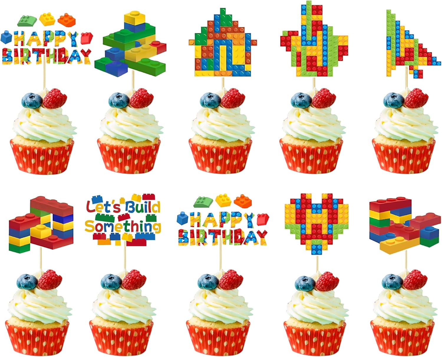 36PCS Building Blocks Cupcake Toppers - Happy Themed Birthday Party Toppers - Cupcake Colour Building Block Theme - Boys Girls Kids Baby Shower