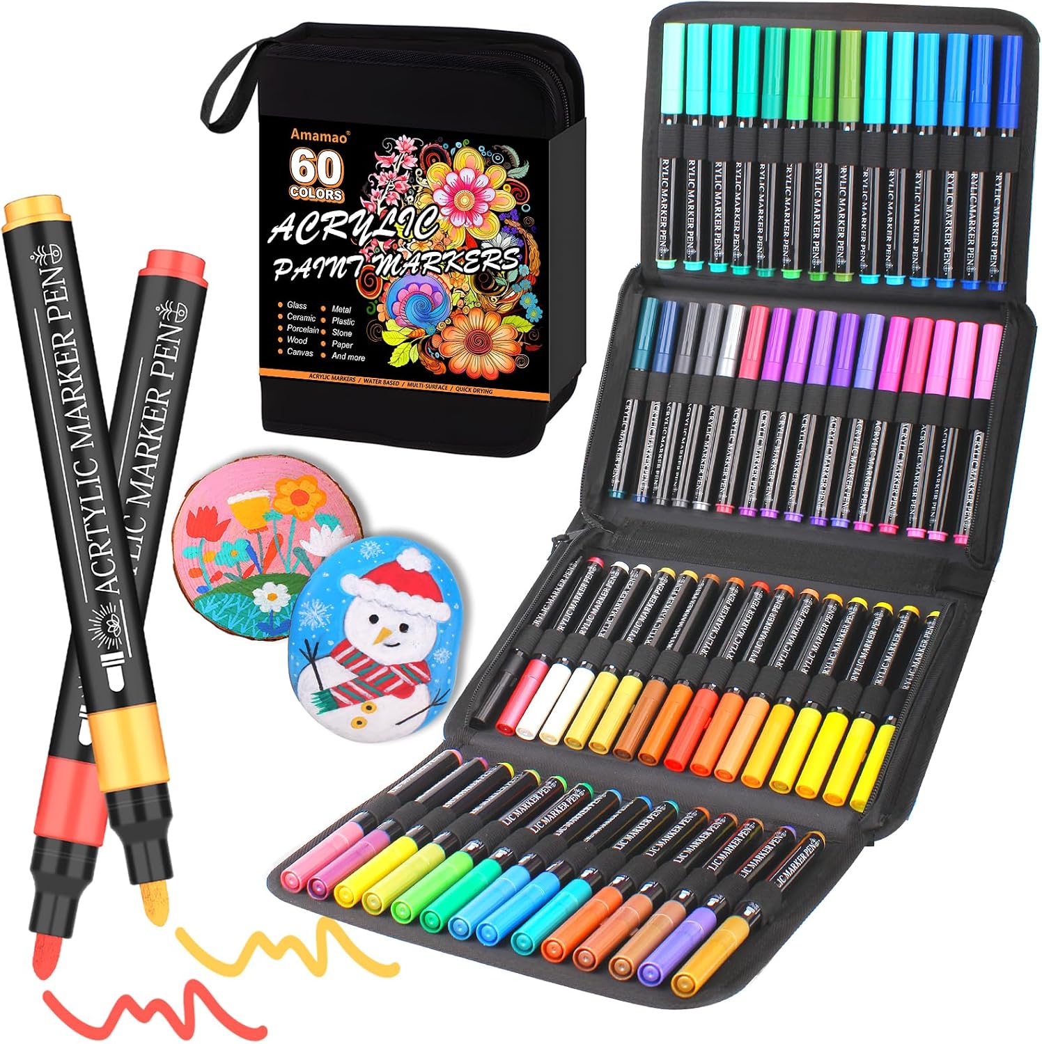 60 Colors Acrylic Paint Markers with Medium Tip Point, Premium Paint Pens for Rock, Glass, Wood, Ceramic, Paper Painting, Kids & Adults Christmas DIY