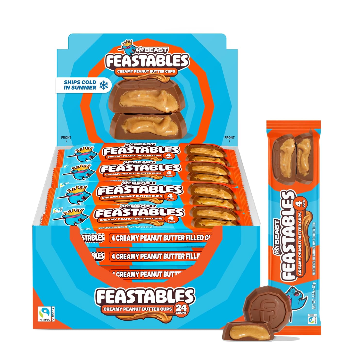 MrBeast Feastables Peanut Butter Cups Milk Chocolate, 24 Count, 2-Cup Packs | Fairtrade cocoa candy, ships cold, clean ingredients, no additives, sharable, party snacks, desserts, gifts, Halloween