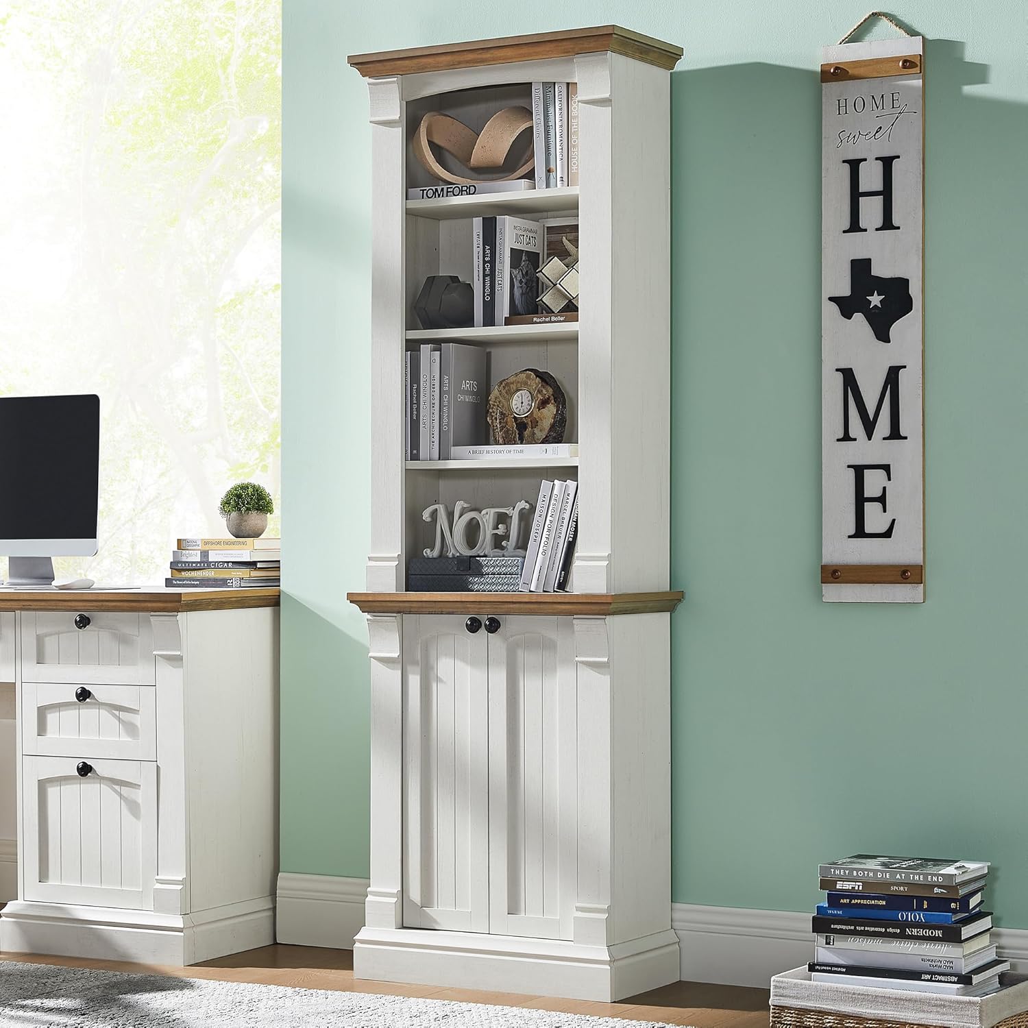 OKD Farmhouse Storage Bookcase，72" Tall Bookcase with 4-Tier Open Adjustable Shelves，Wooden Freestanding Bookshelf Storage Organizer for Home Office, Living Room，2 Doors，Antique White