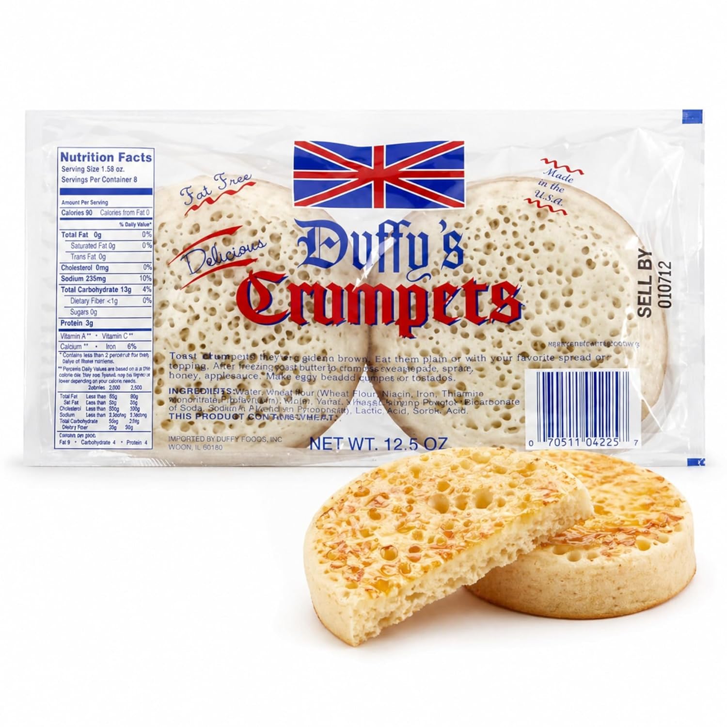 Duffy’s Crumpets British Breakfast Bread, Soft and Airy, Perfect for Toasting, Holds Butter and Jam, Traditional English Recipe, Muffin Alternative, Tea Snack, 12.5 oz (Pack of 1 | 8 Crumpets in Total)