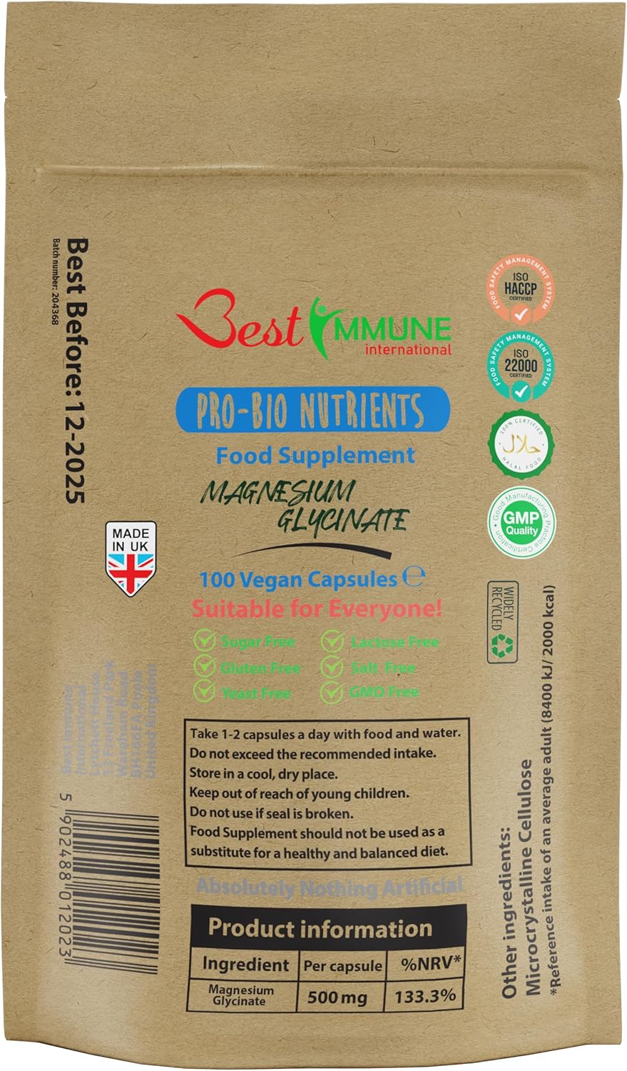 Natural Magnesium Glycinate 500mg Premium Quality Ideal Strength 100 Vegan Capsules Highest Bioavailability Eco Packaging