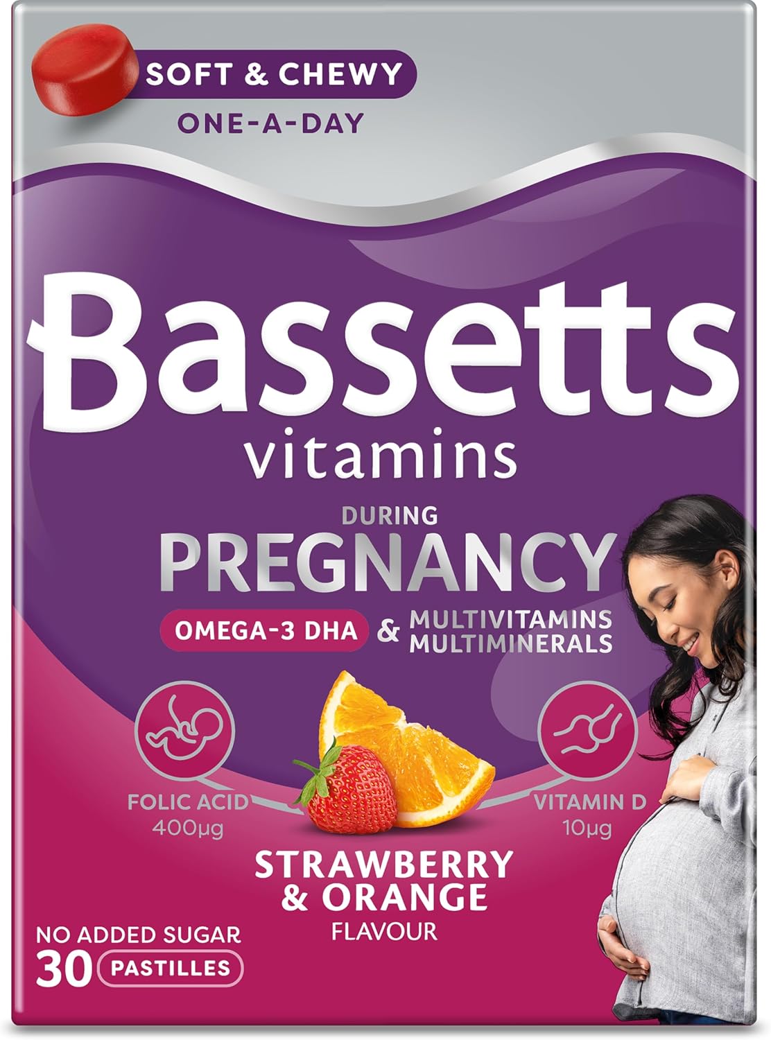Bassetts Vitamins Pregnancy+ Omega-3 DHA Multivitamins & Multiminerals Strawberry & Orange Flavour 30 Gummy Pastilles