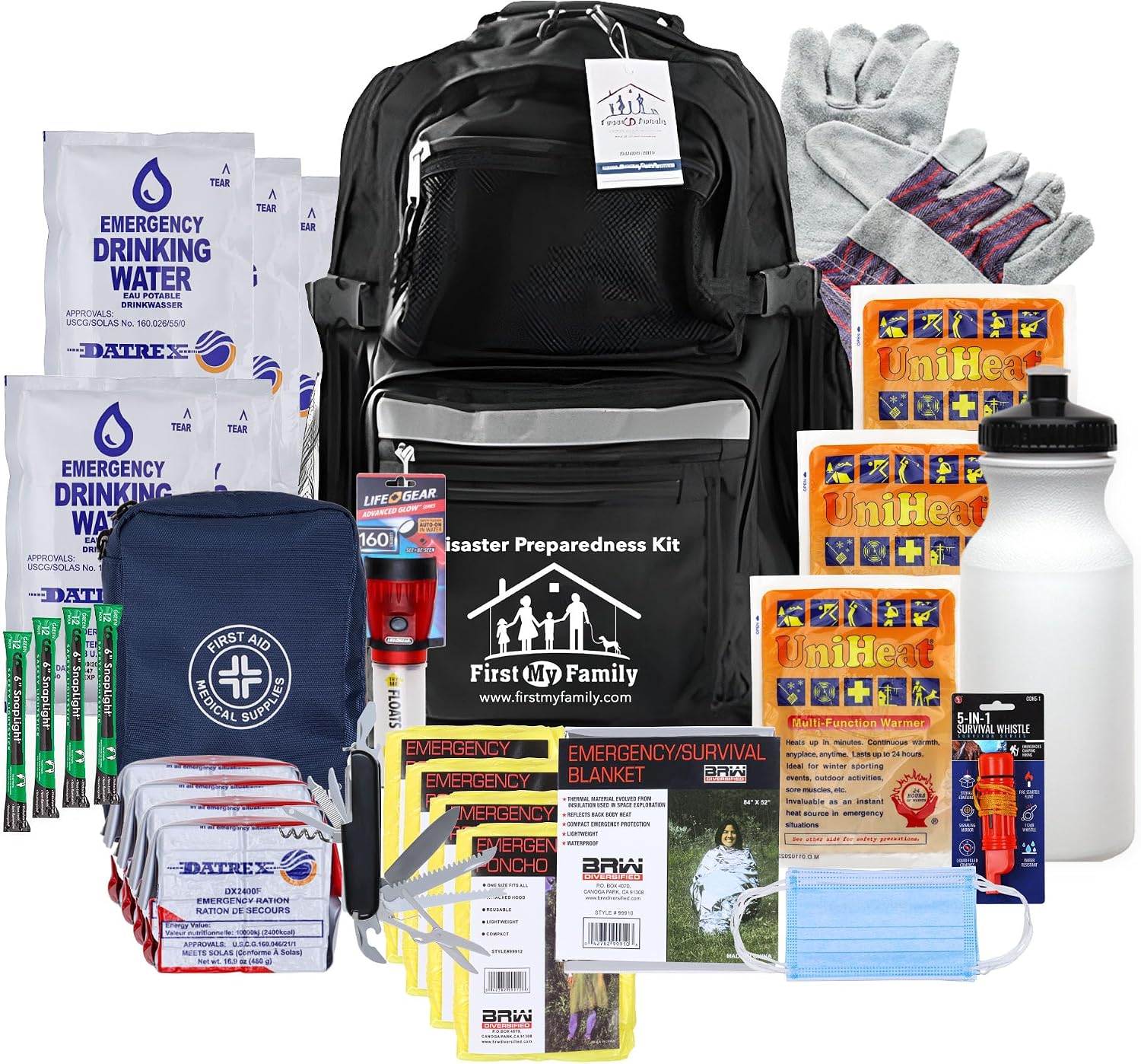 First My Family 4FKIT All-in-One 4-Person Premium Disaster Preparedness Survival Kit/Earthquake Kit with 72 Hours of Survival and First-Aid Supplies 4PKIT