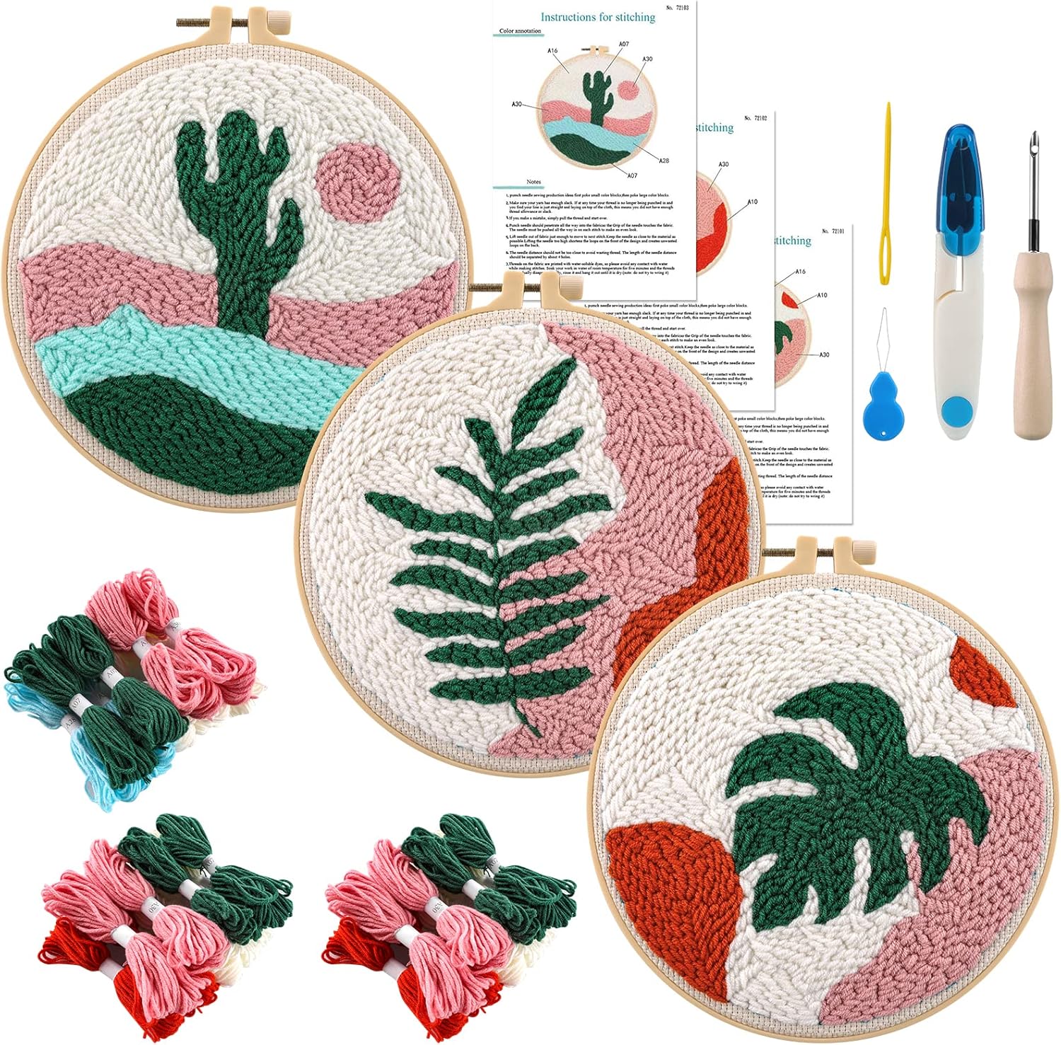 Anidaroel 3 Sets Punch Needle Kits - Beginner Adults Kit with Fabric, Hoops, Yarns and Sewing Needles