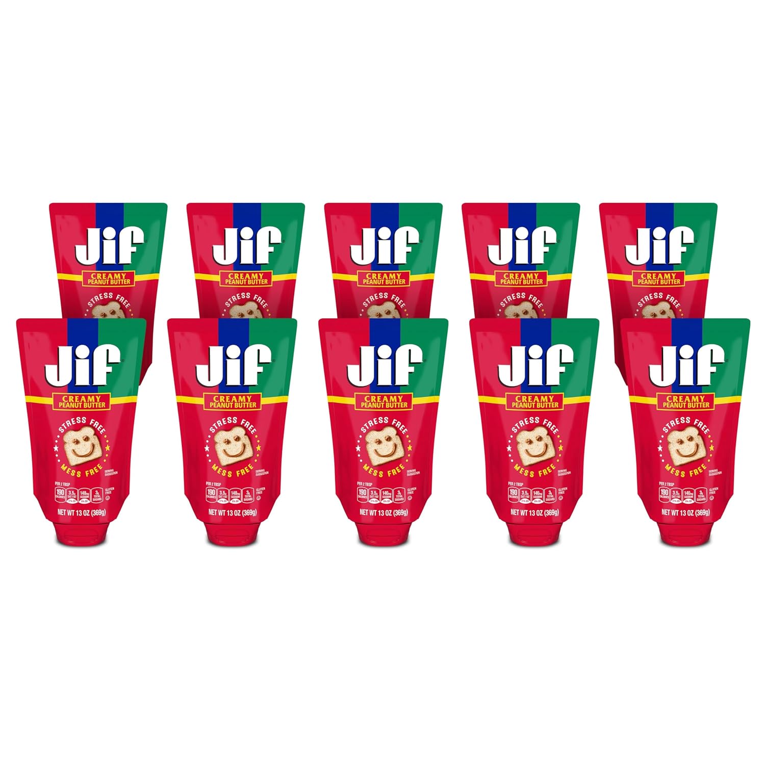 Jif Squeeze Creamy Peanut Butter Spread, 7g Protein (7% DV), 10 Pouches
