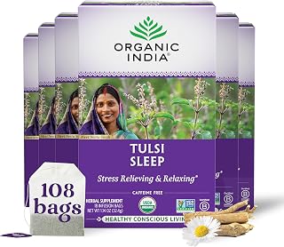 ORGANIC INDIA Tulsi Sleep Herbal Tea - Holy Basil, Ashwagandha, Chamomile, Night Time Tea for Bedtime, Stress Relieving & Relaxing, Immune Support, USDA Certified Organic - 18 Infusion Bags, 6 Pack
