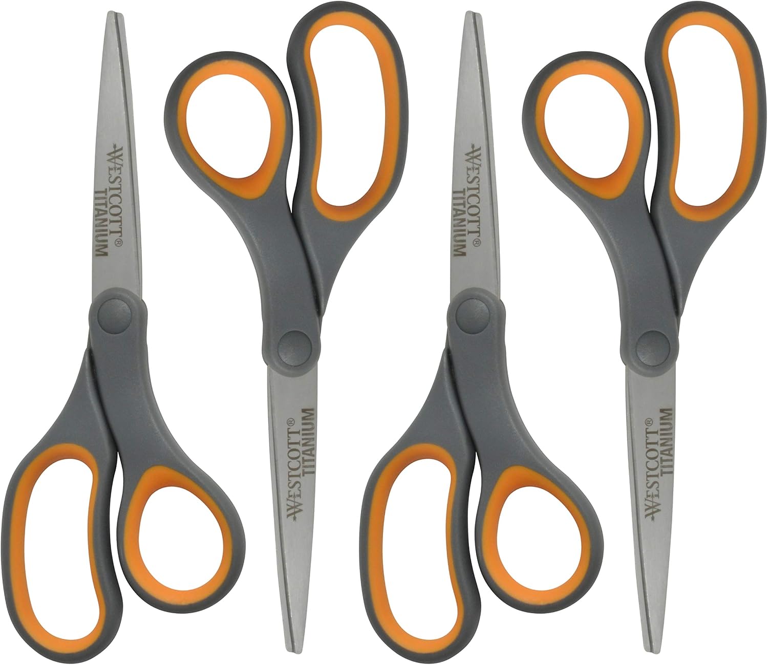 Westcott 8-Inch Titanium Bonded Straight Scissors, Soft Handle, Gray/Yellow, 4-Pack