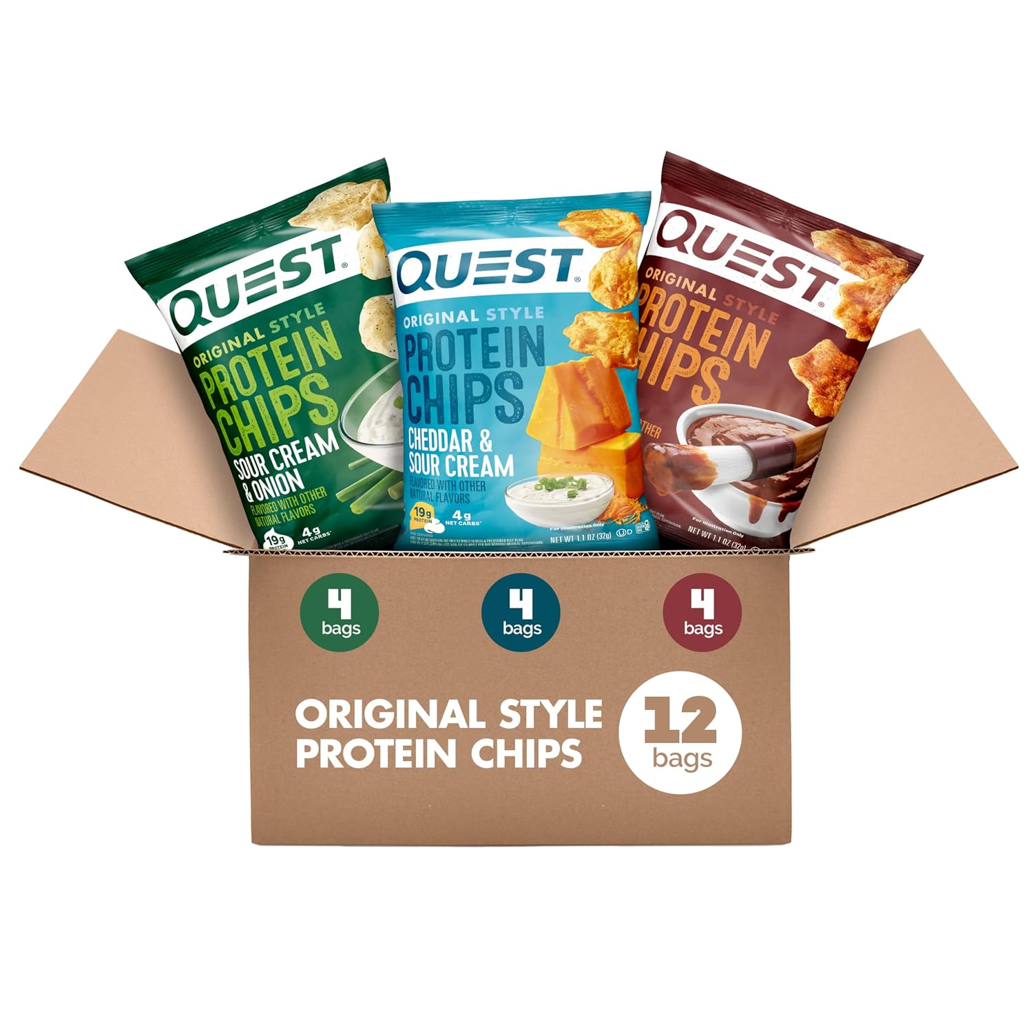 Quest Nutrition Protein Chips Variety Pack, 19g Protein, 12 Count | BBQ, Cheddar & Sour Cream, Sour Cream and Onion, 4 of Each Flavor, 19g Protein, 4g Net Carbs, Baked, 1.1 oz Bags, 12 Count
