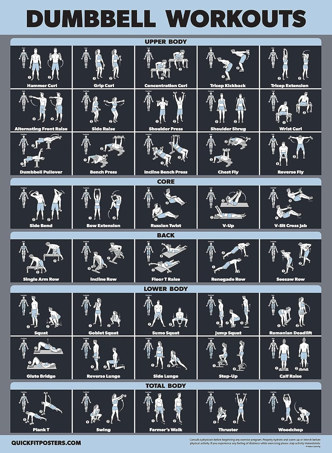 Palace Learning Dumbbell Workout Exercise Poster [Dark] (LAMINATED, 18" x 24")