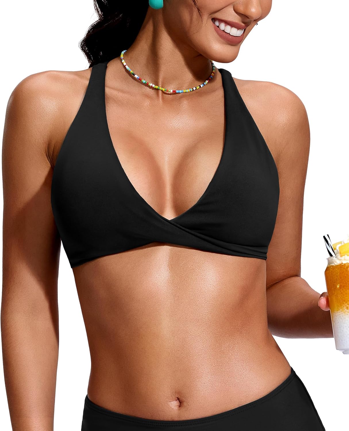 Soothfeel Bikini Tops for Women Push Up Padded Swim Top Twist Front Bathing Suit Criss Cross Back Tankini Swimsuit Top Only