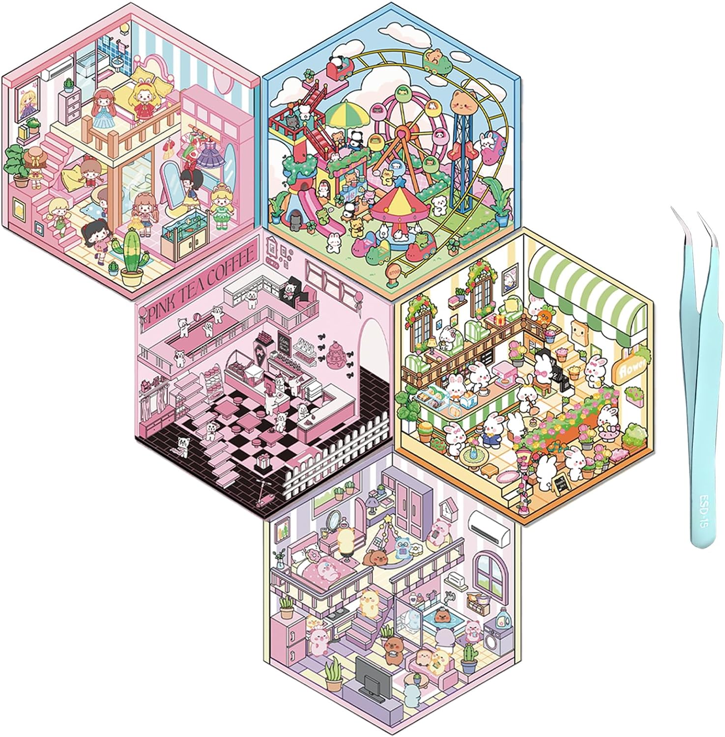 5 Set 3D Scene Stickers DIY 3D House Stickers -Fun DIY Stickers Scene Make Your Own clothing store Shop Amusement park for Adult Kids-Make Your Own Stickers-Cute Cartoon Sticker Scenes for Adults Kids