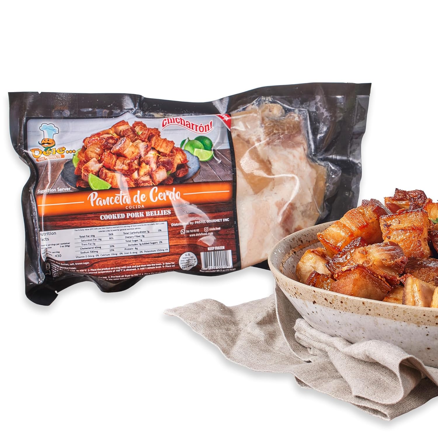 DELE FOOD Diced Pork Belly Chicharron, 1.2 lbs – Pre-Cooked Panceta de Cerdo Cubes for Oven or Air Fryer – Gourmet Chicharrones with Pork Fat and Meat – Ready to Bake, Crisp, and Serve