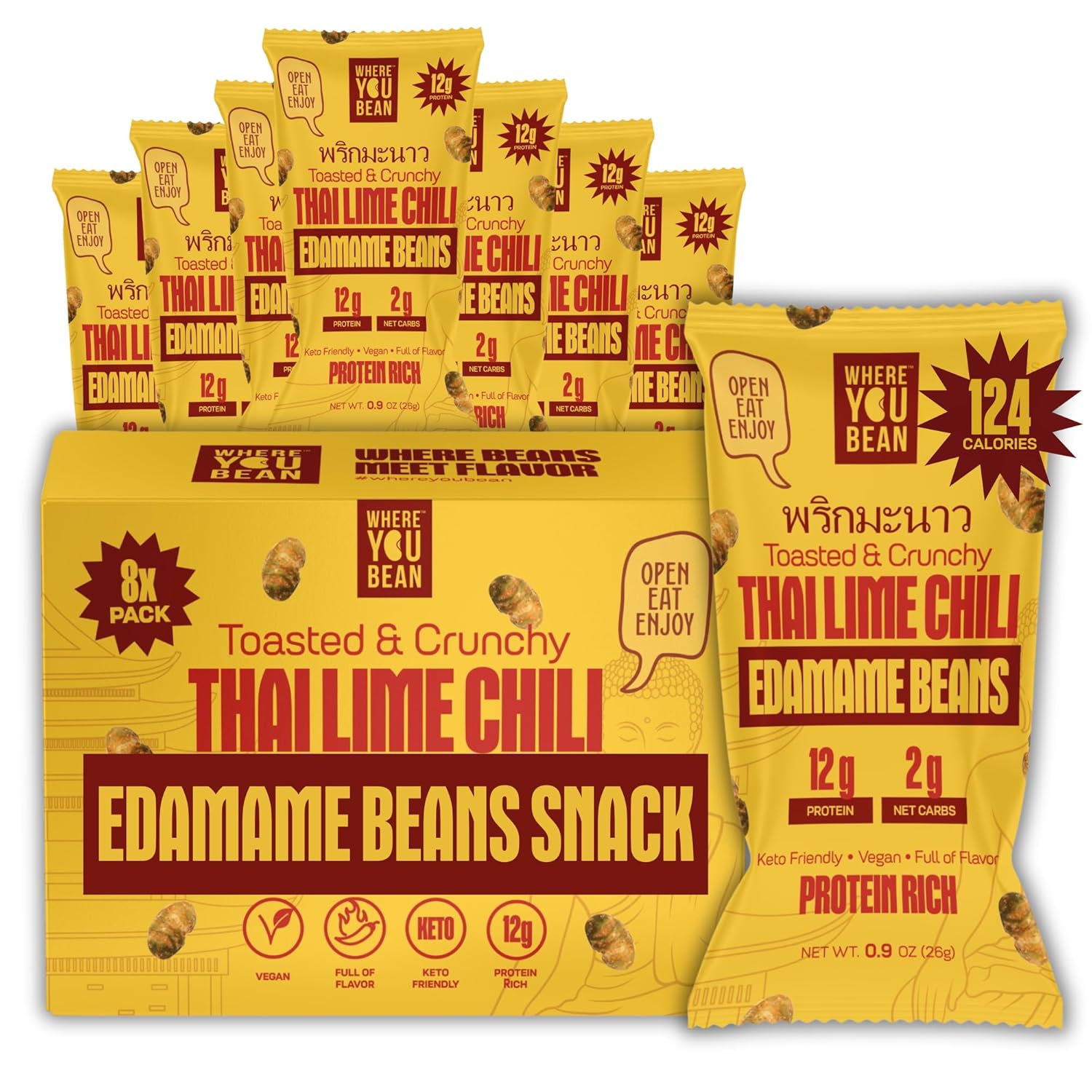 Where You Bean Edamame Beans Snack (Thai Lime Chili) - Crunchy and Dry Roasted Edamame Beans - High Protein Snacks, Keto and Vegan Healthy Snacks for Adults & Low Carb Asian Snack 0.9 oz (Pack of 8)