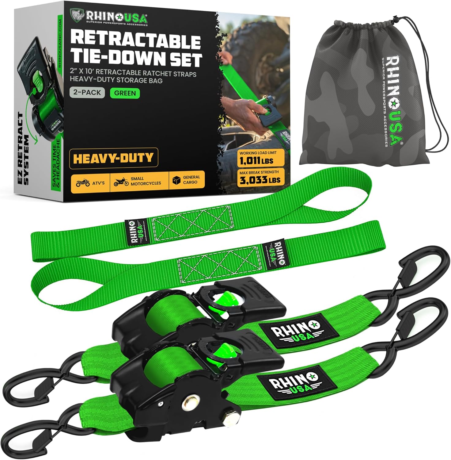 Rhino USA Retractable Ratchet Straps (2-Pack) - 2 Inch x 10 Feet (3,033lb Break Strength) - Heavy Duty Auto Self Retracting Tie Down Straps for Truck, Cargo Trailer, Motorcycle, Rad & More - Green