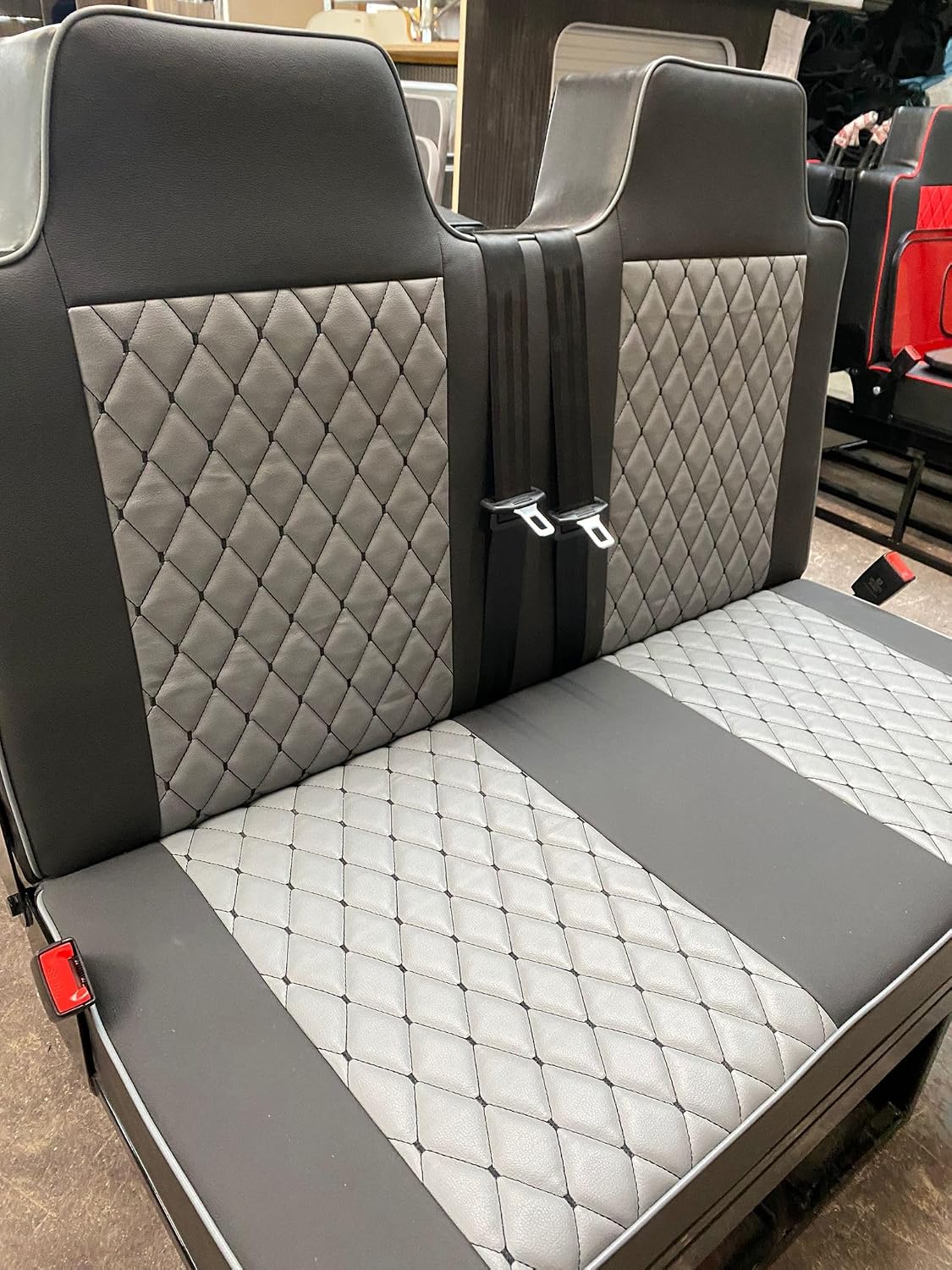 Lusso 4PC 3/4 110cm, Single Black Diamond on Grey, Grey Piping, Rock & Roll Bed, VW T4 T5 T6 Transit Vivaro Trafic. Seat Belts Gas Strut Fabric