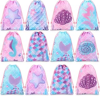 Clabby 12 Pcs Mermaid Party Favor Bags Candy Gifts Sacks Bulk Birthday Fish Scales Goodie Bags Under the Sea Ocean Theme Treat Bags Multi-Item Party Favor Packs