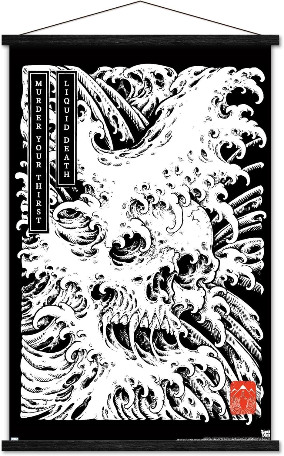 Trends International Liquid Death - Death Wave Wall Poster with Magnetic Frame, 22.37" x 34.00", Print and Black Hanger Bundle
