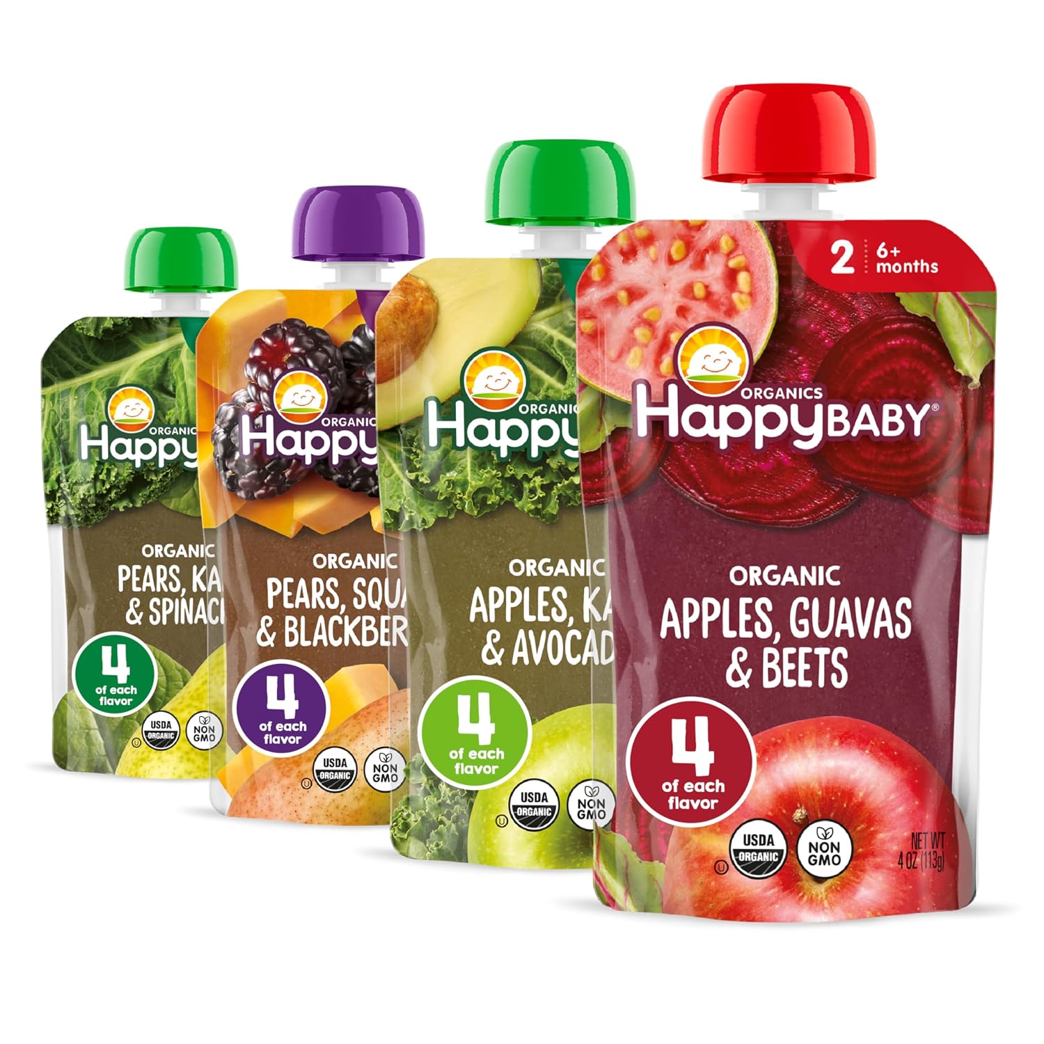 Happy Baby Organics Stage 2 Baby Food Pouches, Gluten Free, Vegan & Healthy Snack, Clearly Crafted Fruit & Veggie Puree, Fruit & Veggie Variety Pack, 4 Ounces (Pack of 16), Amazon Exclusive