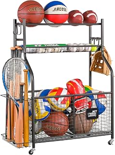 Mythinglogic Sports Equipment Garage Organizer,Garage Ball Storage for Sports Gear and Toys, Rolling Ball Cart with Wheels for Indoor/Outdoor Use