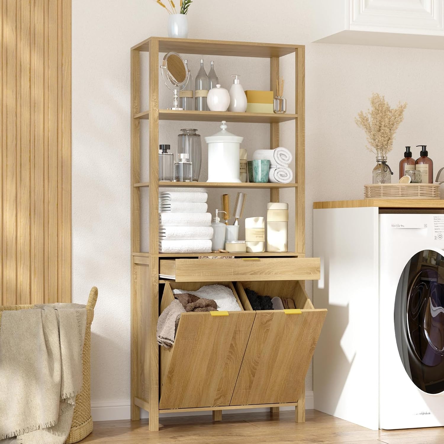 Double Tilt Out Laundry Hamper with Drawer, Hidden Laundry Hamper Cabinet with Open Shelves & 2 Tilt Out Trash Cabinets (6 Gallon Each) for Bathroom Kitchen, Brown