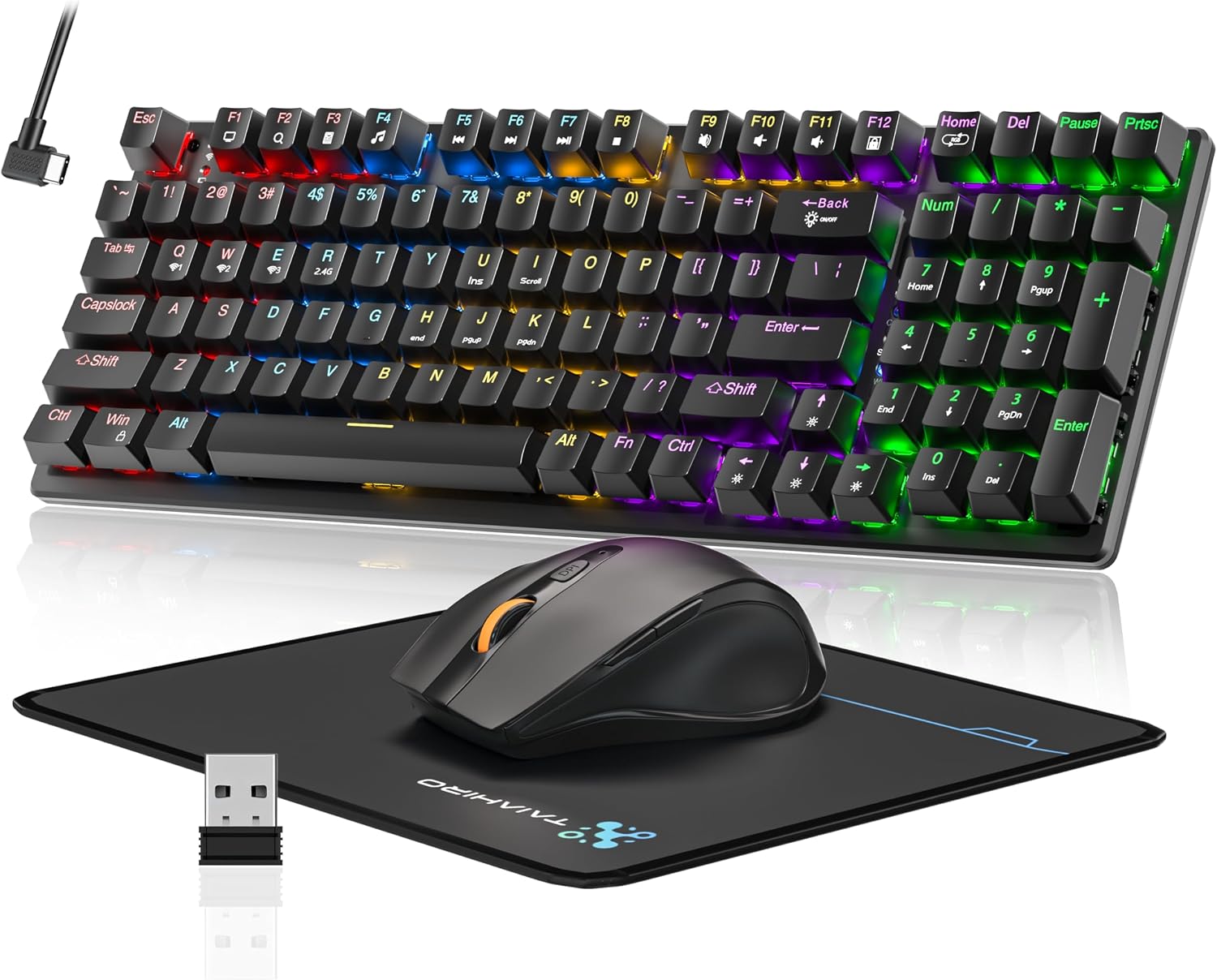 Wireless Mechanical Gaming Keyboard and Mouse Combo, 98 Keys RGB Backlit Rechargeable 2000mAh Battery, 3-Mode BT5.0/2.4G/USB-C, Blue Switch Anti-Ghosting Keyboards for PC Laptop Gamer Business Office
