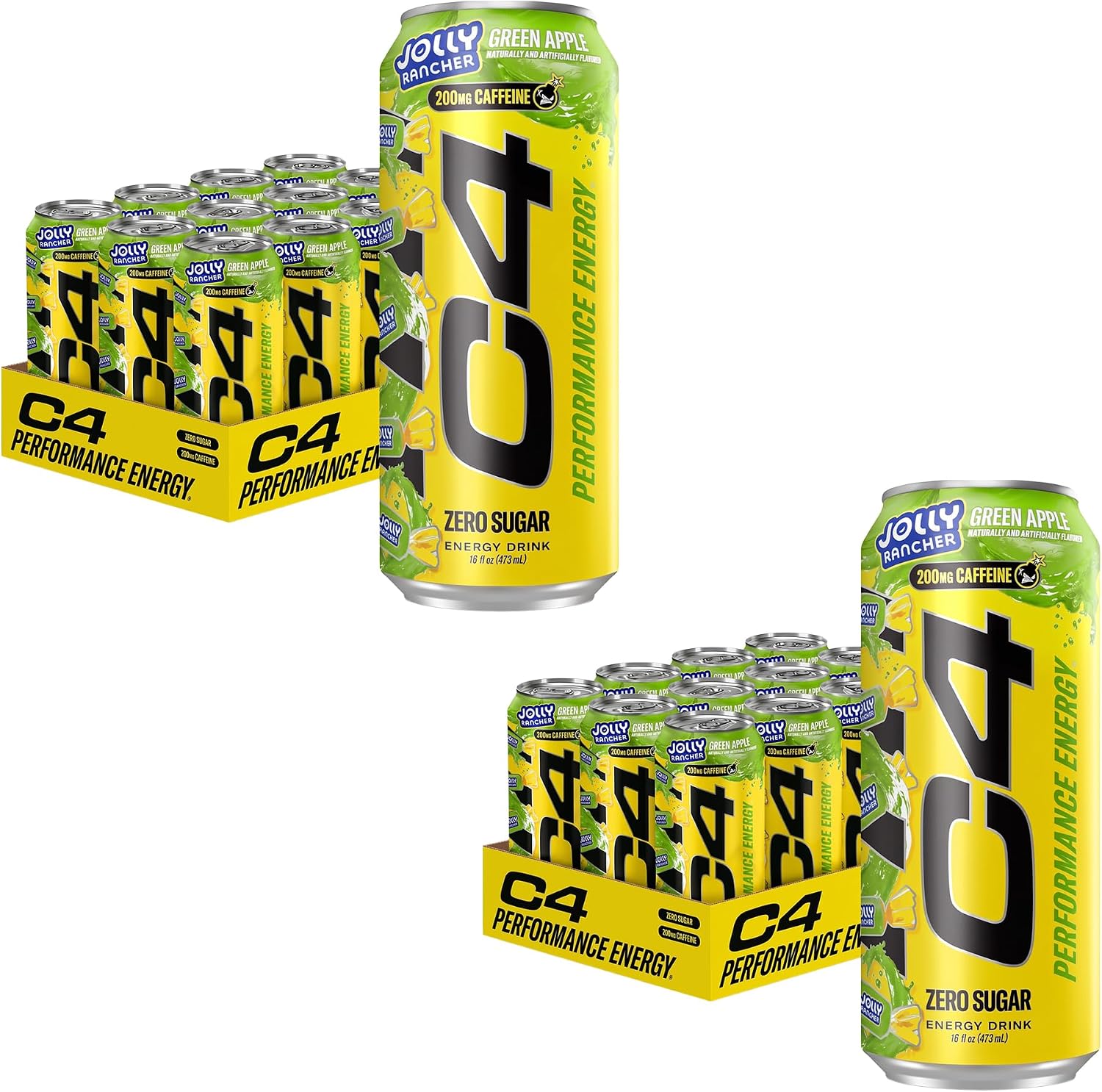 C4 Performance Energy Drink | JOLLY RANCHER Green Apple | Zero Sugar Carbonated Preworkout Energy | 200mg Caffeine with Beta Alanine | 16 Fl Oz (24 Pack)