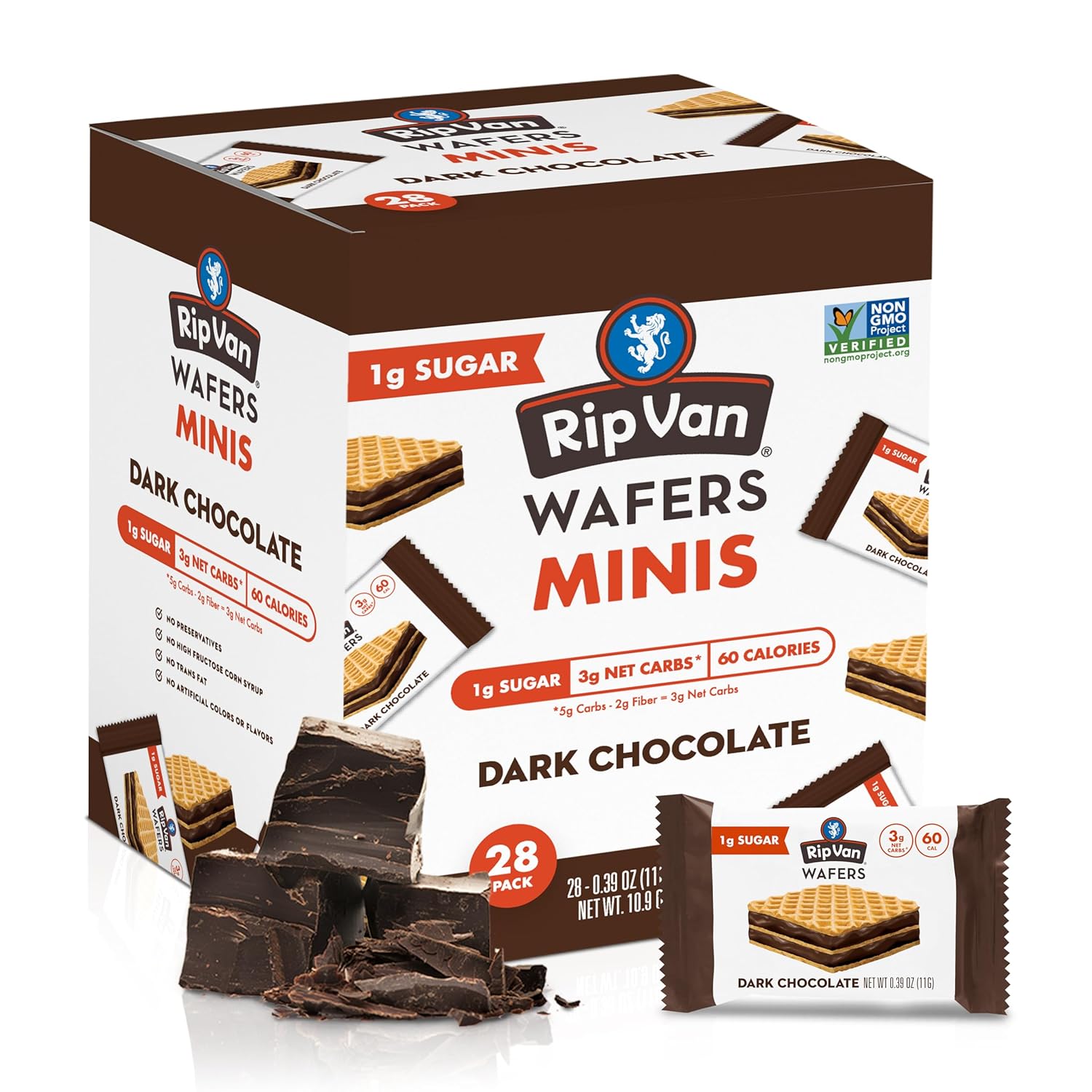 Rip Van Wafels Dark Chocolate Mini Wafer Cookies - Healthy Snacks - Mini Keto Cookies - Keto Snacks - Low Carb, Low Sugar (1g), Low Calorie and Vegan Snack - 28 Count