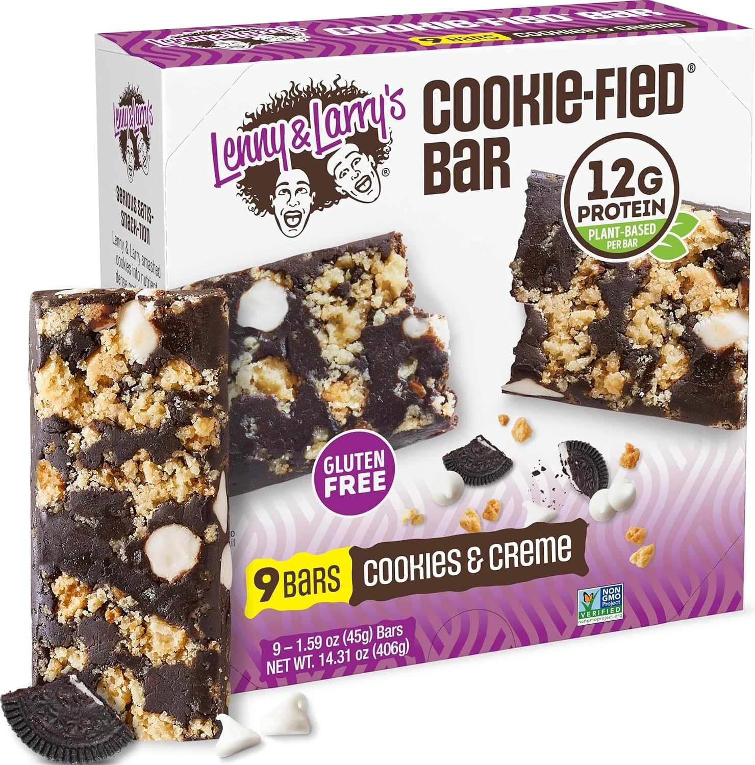 Lenny & Larry's Cookie-fied Protein Bar – Cookies & Creme Vegan Protein Bars 9x45g – Healthy Snacks with 12g Plant Protein & 5g Fiber – Gluten Free Power Bar, Non-GMO & Vegan