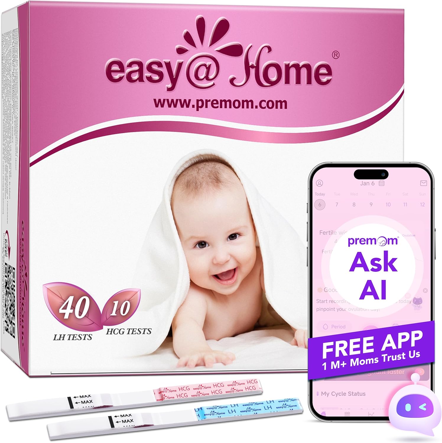 Easy@Home 40 Ovulation Test Strips and 10 Pregnancy Test Strips-Width of 5mm-Powered by Premom Ovulation Predictor iOS and Android App