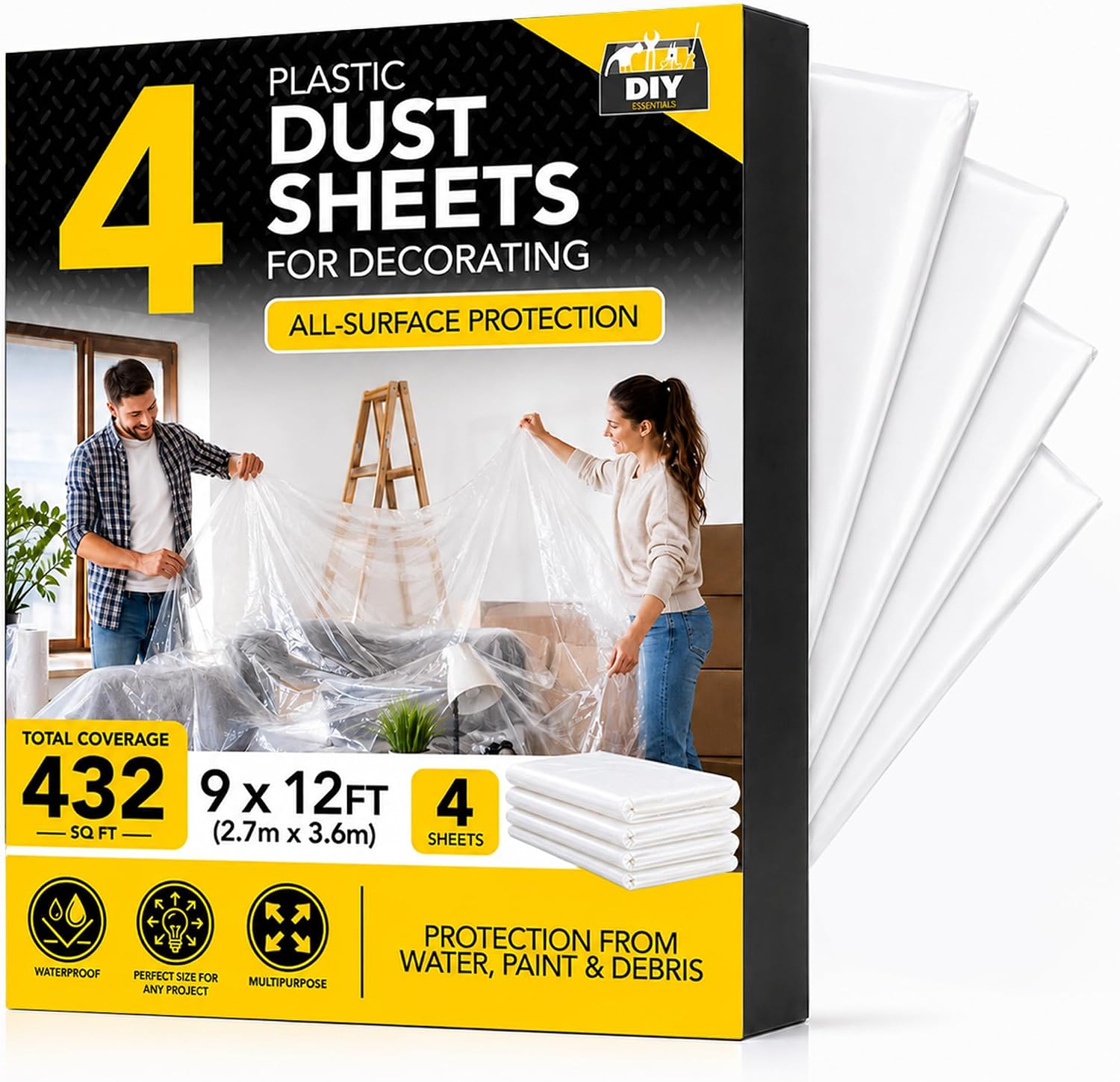 SOL 4pk Plastic Dust Sheets for Decorating - Multipurpose Plastic Sheeting
