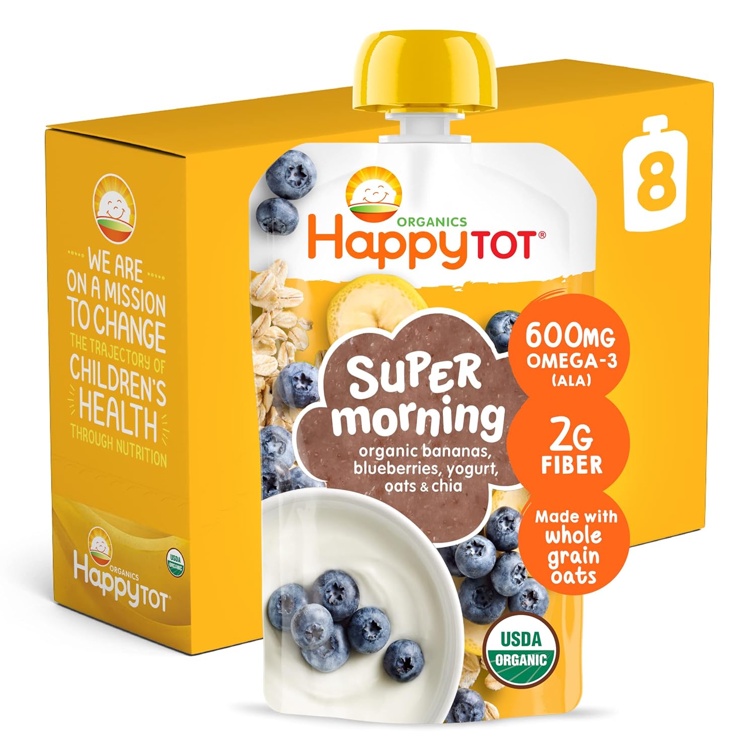 Happy Tot Organics Stage 4 Baby Food Pouches, Gluten Free, Super Morning Fruit & Oat Blend, Bananas, Blueberries, Yogurt, Oats & Chia, 4 Oz (Pack of 8)