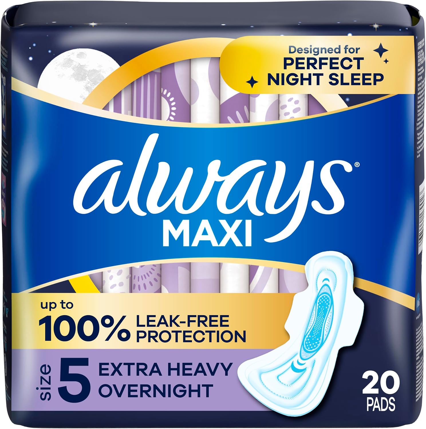 Always Maxi Feminine Pads for Women, Size 5 Extra Heavy Overnight Absorbency, with Wings, Unscented, Pack of 20