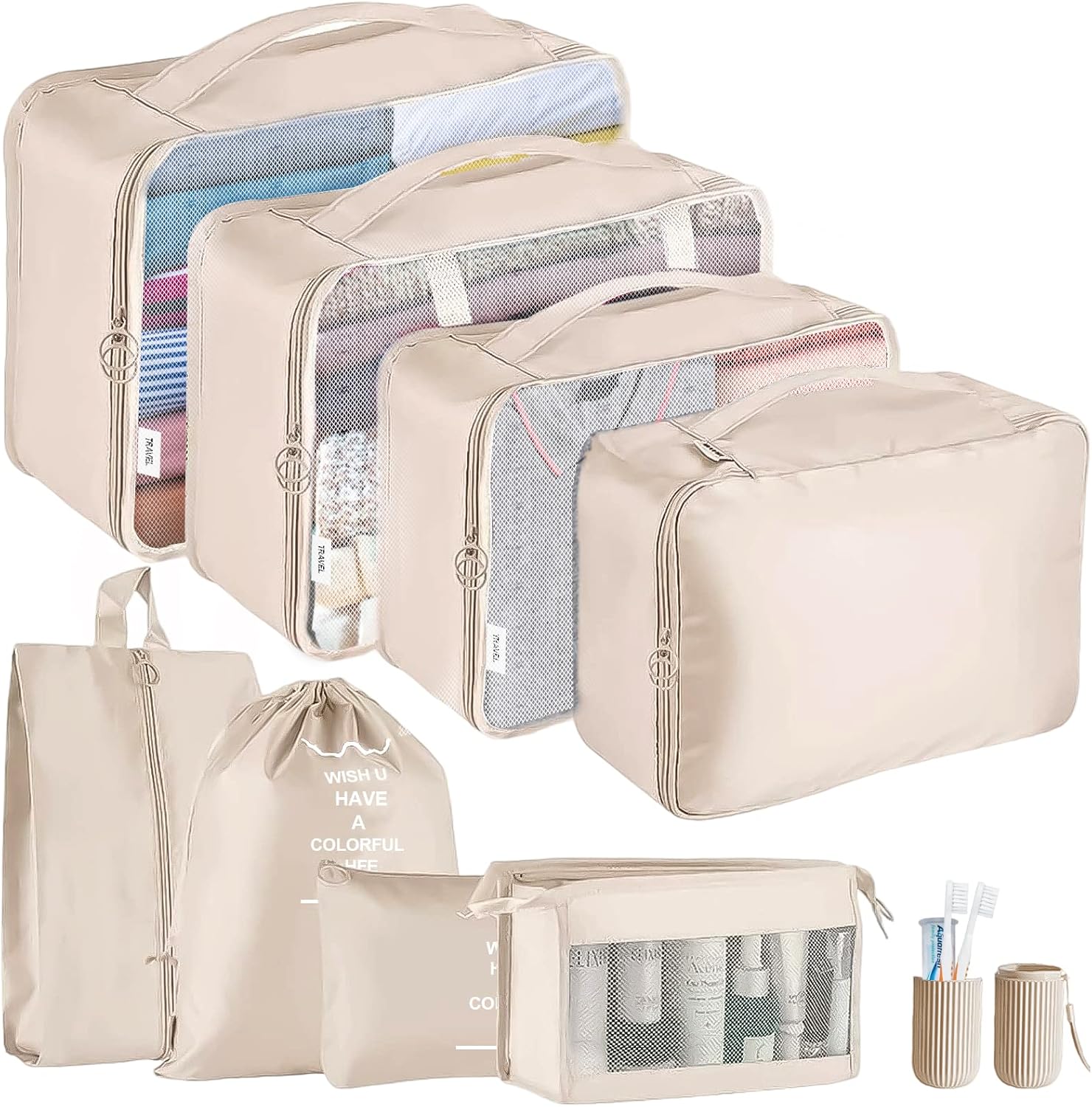 Jsdoin Packing Cubes for Suitcase,9PCS Travel Luggage Packing Organizers for Backpack, Waterproof Travel Essentials Bag Accessories(Beige)