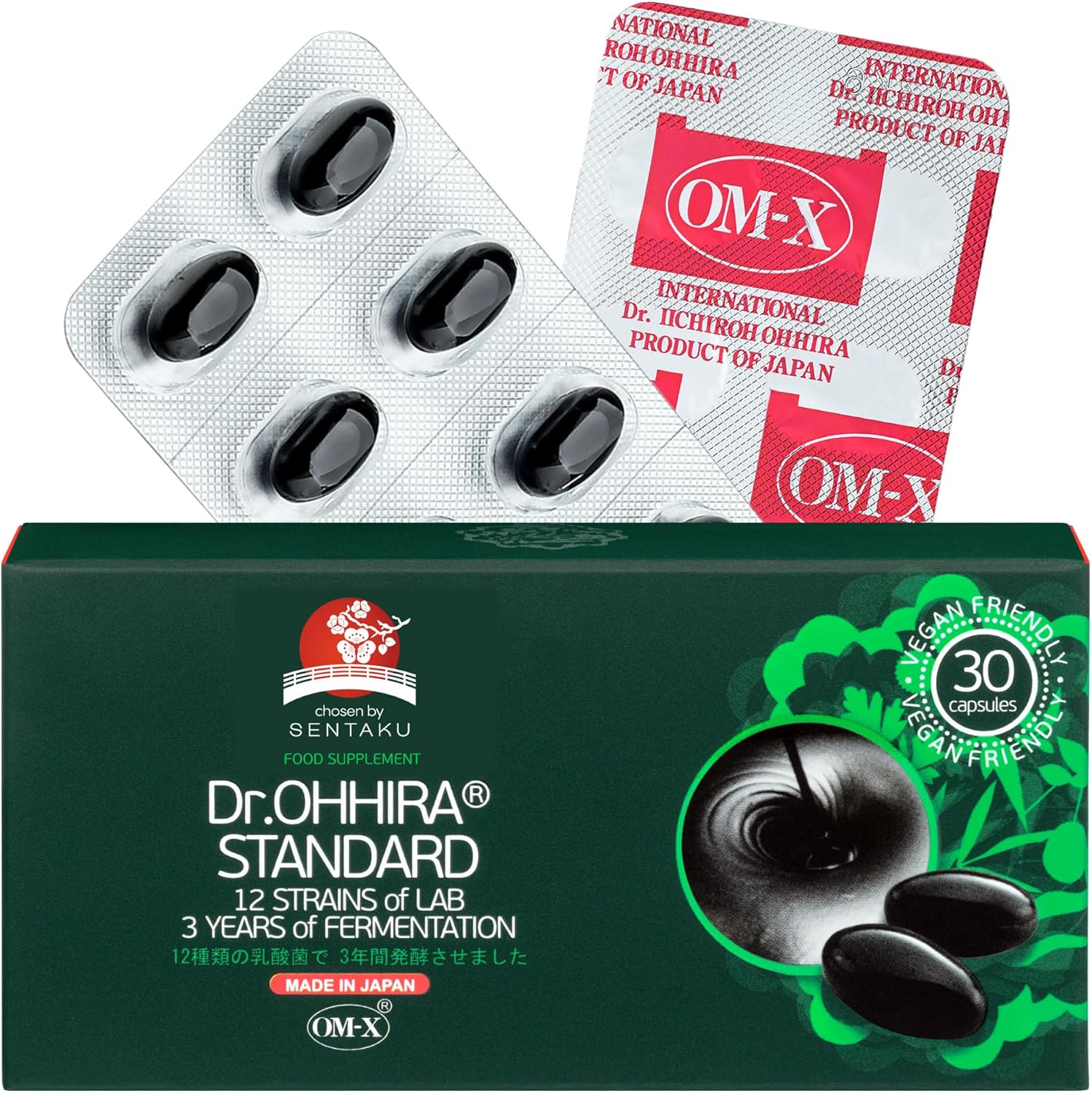 Dr. OHHIRA®Standard Gut Health Supplement-Probiotics, Prebiotics and Postbiotics in OM-X®-3Yrs Unheated Fermentation of 12 Live Bacterial Cultures with 14 Fruits, Seaweed, Mushrooms (30 Capsules)