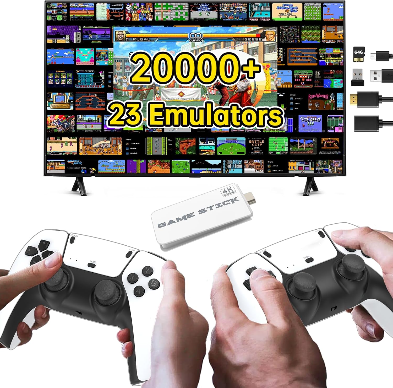 Retro Game Console, Wireless Retro Game Stick with 23 Emulators, 4K HD Output, 20,000+ Nostalgia Games 64GB, TV-Connectable Gaming Console, 2.4G Wireless Controllers, Plug & Play Video Games
