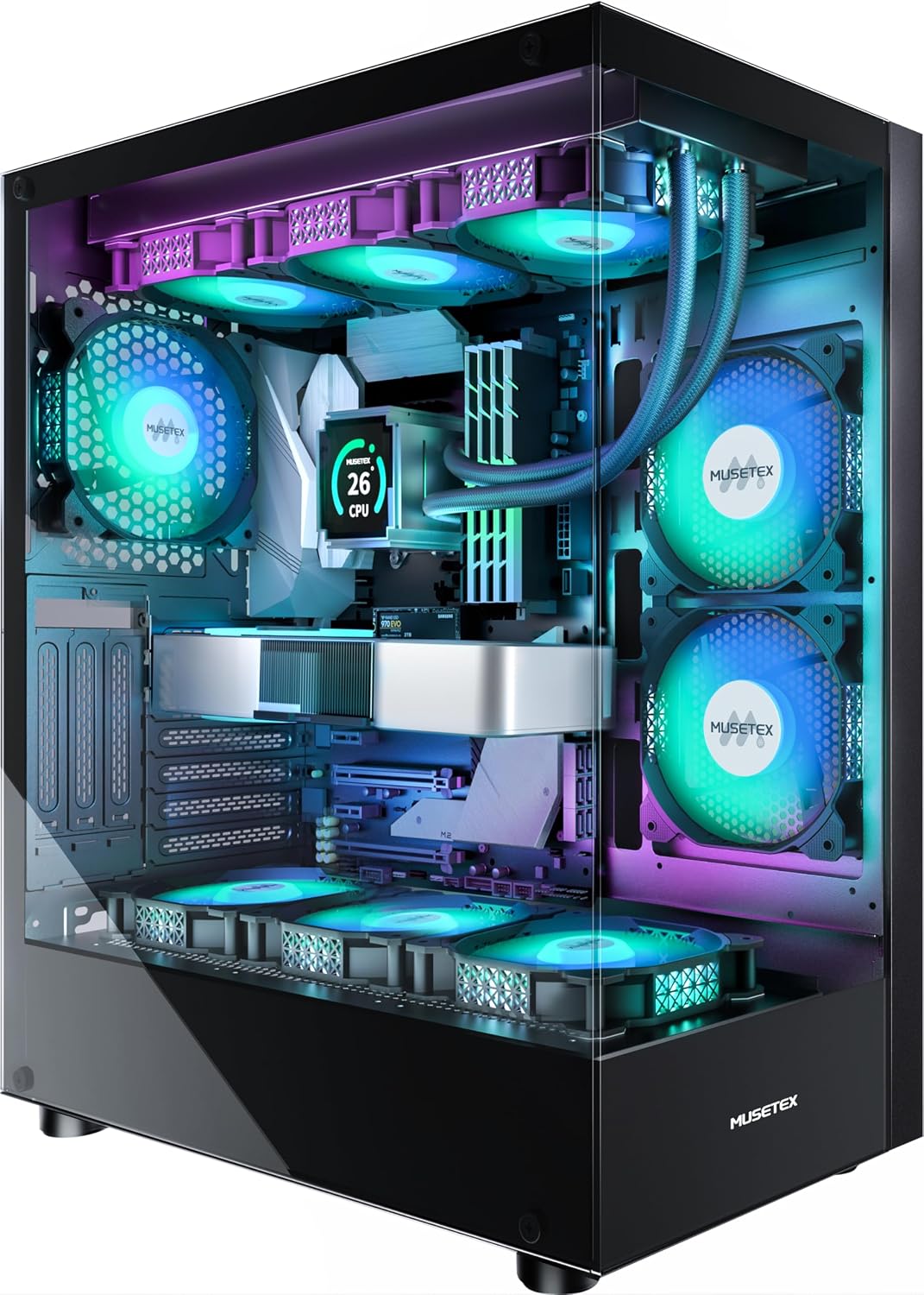 MUSETEX PC CASE ATX 6 PWM ARGB Fans Pre-Installed, Type-C Mid Tower Computer Case with Full-View Dual Tempered Glass, Gaming PC Case,Black(K2)